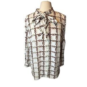 Talbots 2X Petite Crepe Tie Neck Blouse Chain Print Equestrian Long Sleeve